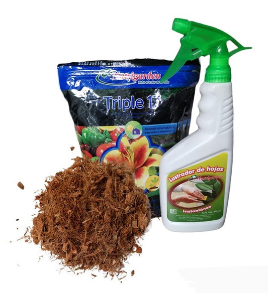 Kit para recuperar o consentir tus plantas incluye tierra, vitaminas y lustrador de hojas.